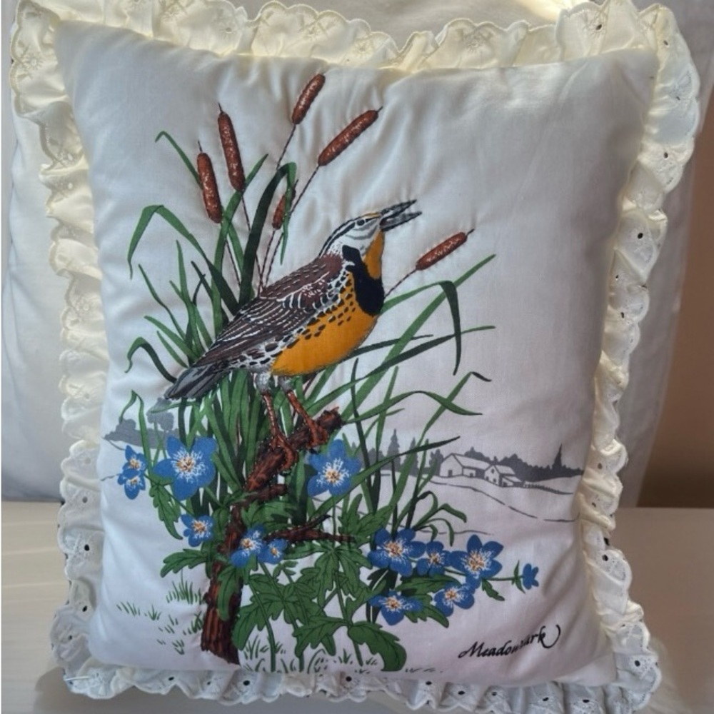 Handmade Vintage Needlepoint Accent Pillow with White Eyelet Lace Ruffle Trim